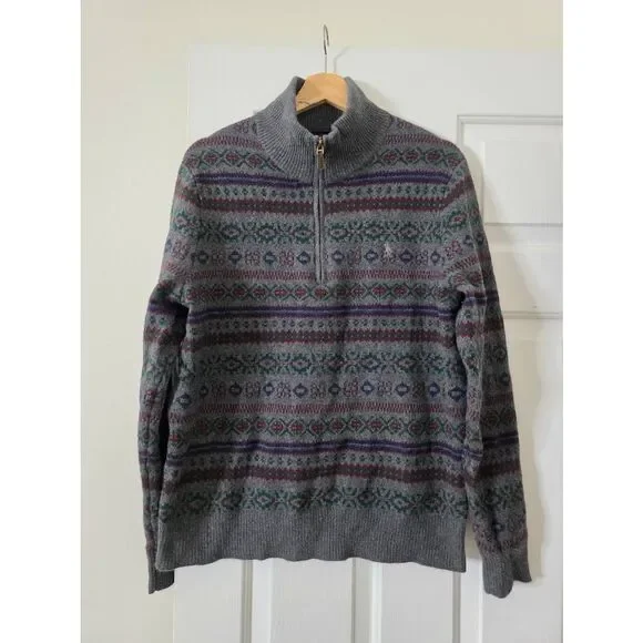 POLO RALPH LAUREN Men's Grey Fair Isle Wool-Cashmere 1/4 Zip Pullover Sweater L